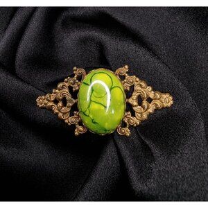Antique Early 20th Century Ornate Brass Brooch With Vibrant Green Marble Design
